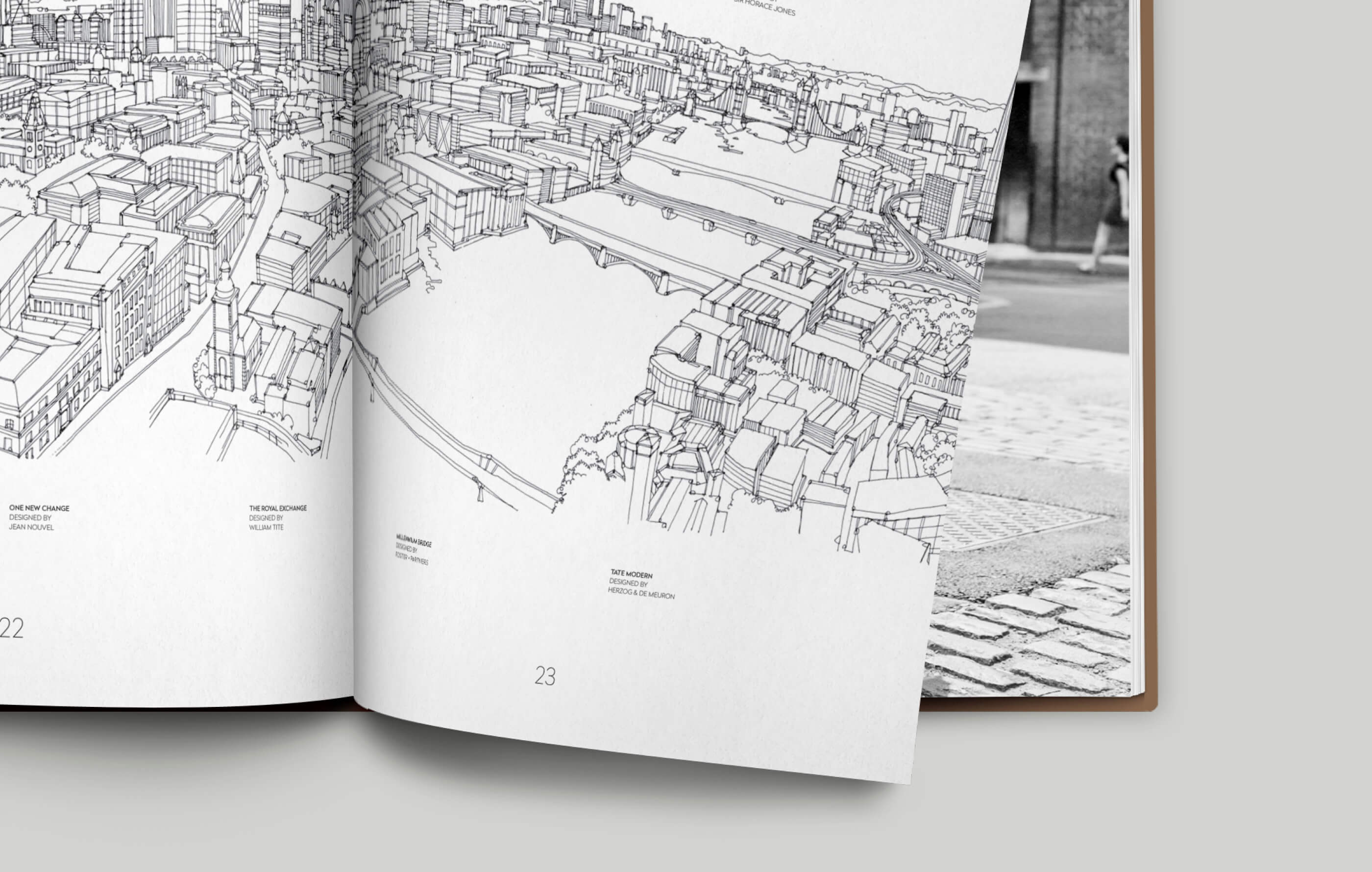 Hand drawn, black and white illustration of an aerial view map of London including the Tate Modern, Millennium Bridge and the Royal Exchange