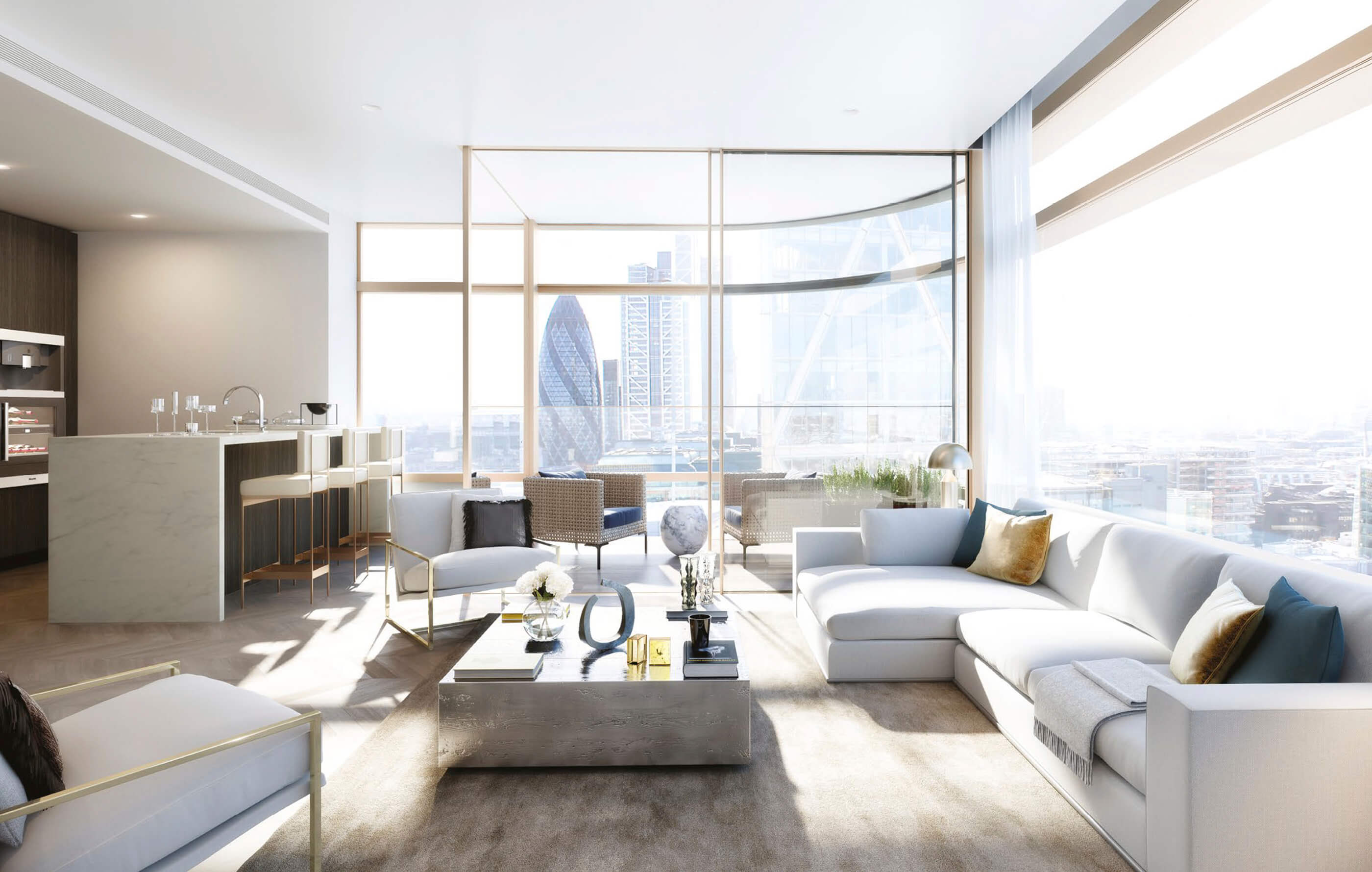 3D CGI render of a spacious apartment interior, with commanding views of The Gherkin (30 St Mary Axe) and the city