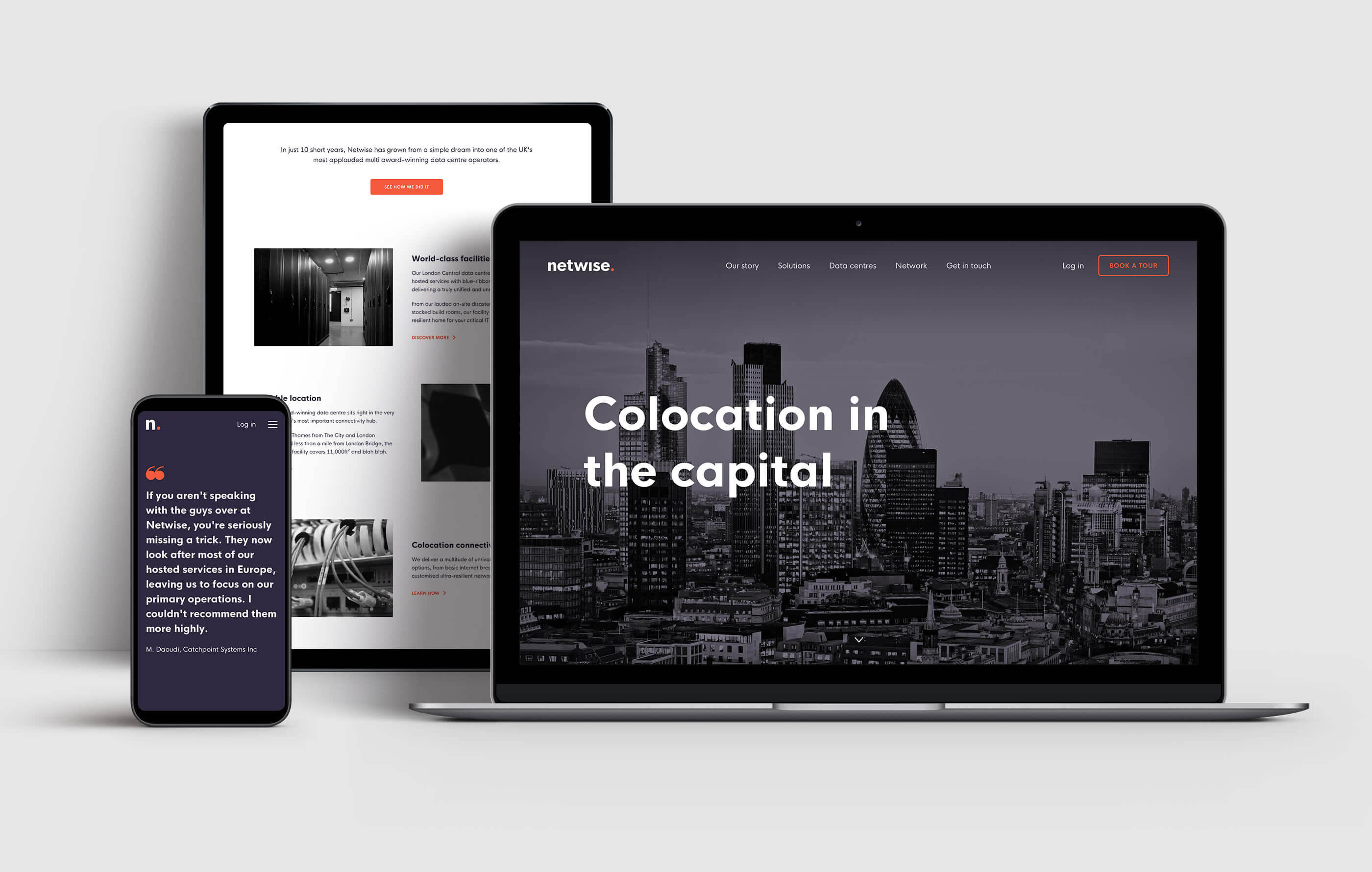 Final render of the responsive Netwise website, shown on desktop, tablet and mobile phone on a light grey background