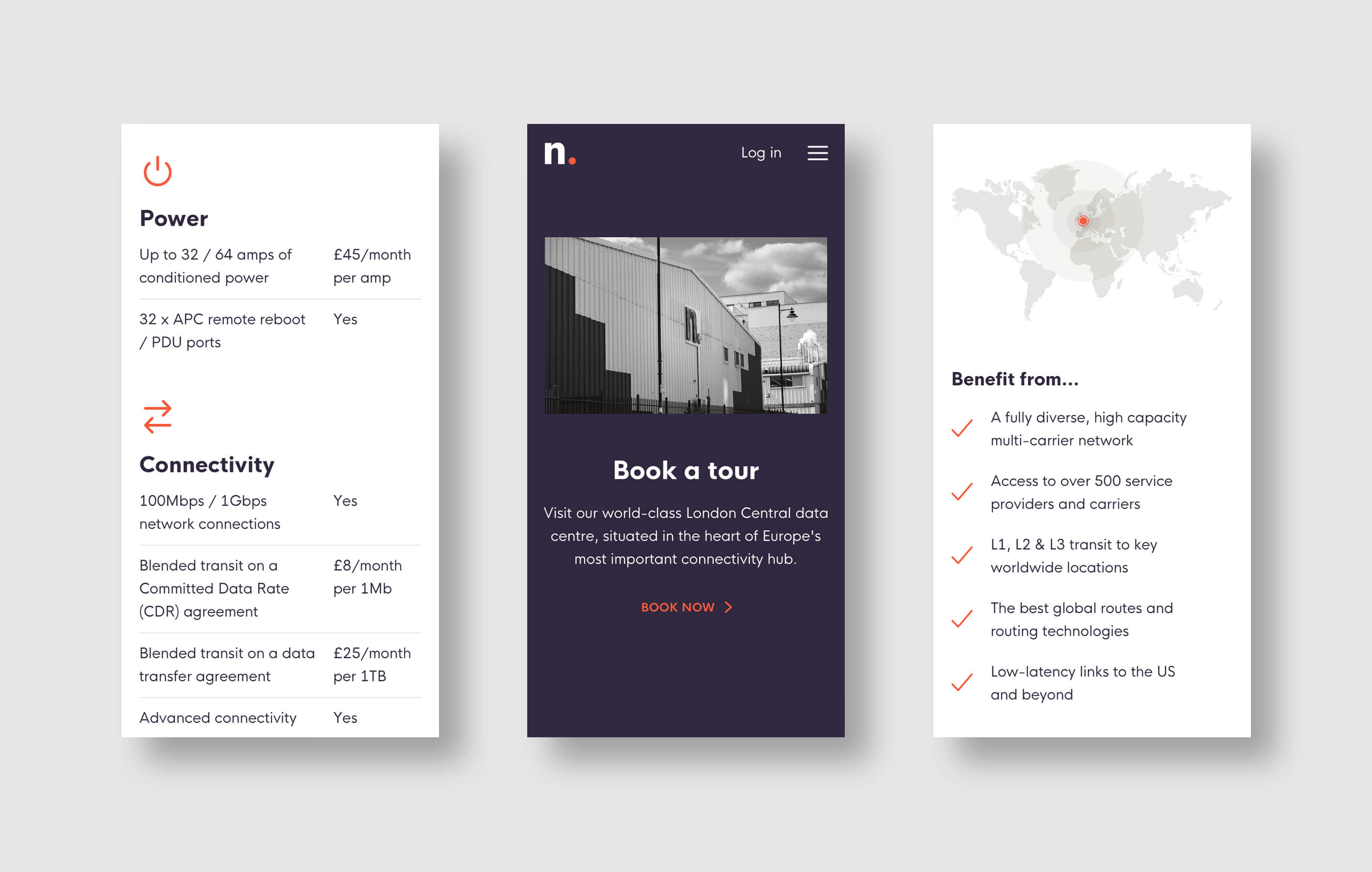 Three mobile phone mockups of the full rack colocation page, featuring power and connectivity information, 'Book a Tour' module and included benefits