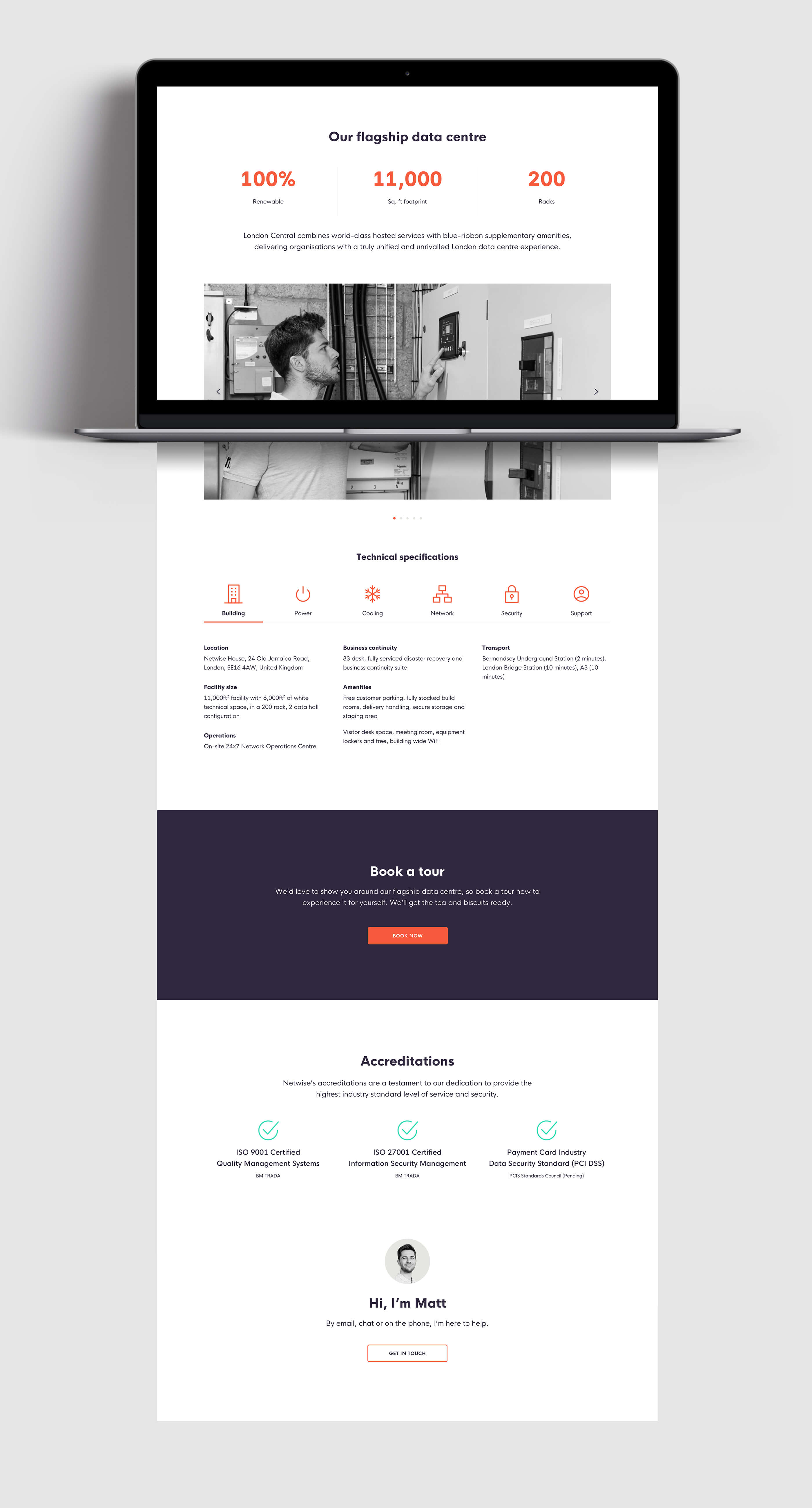 Final render of the London Central data centre page, showcasing top statistics, technical specifications and 'Book a Tour' banner