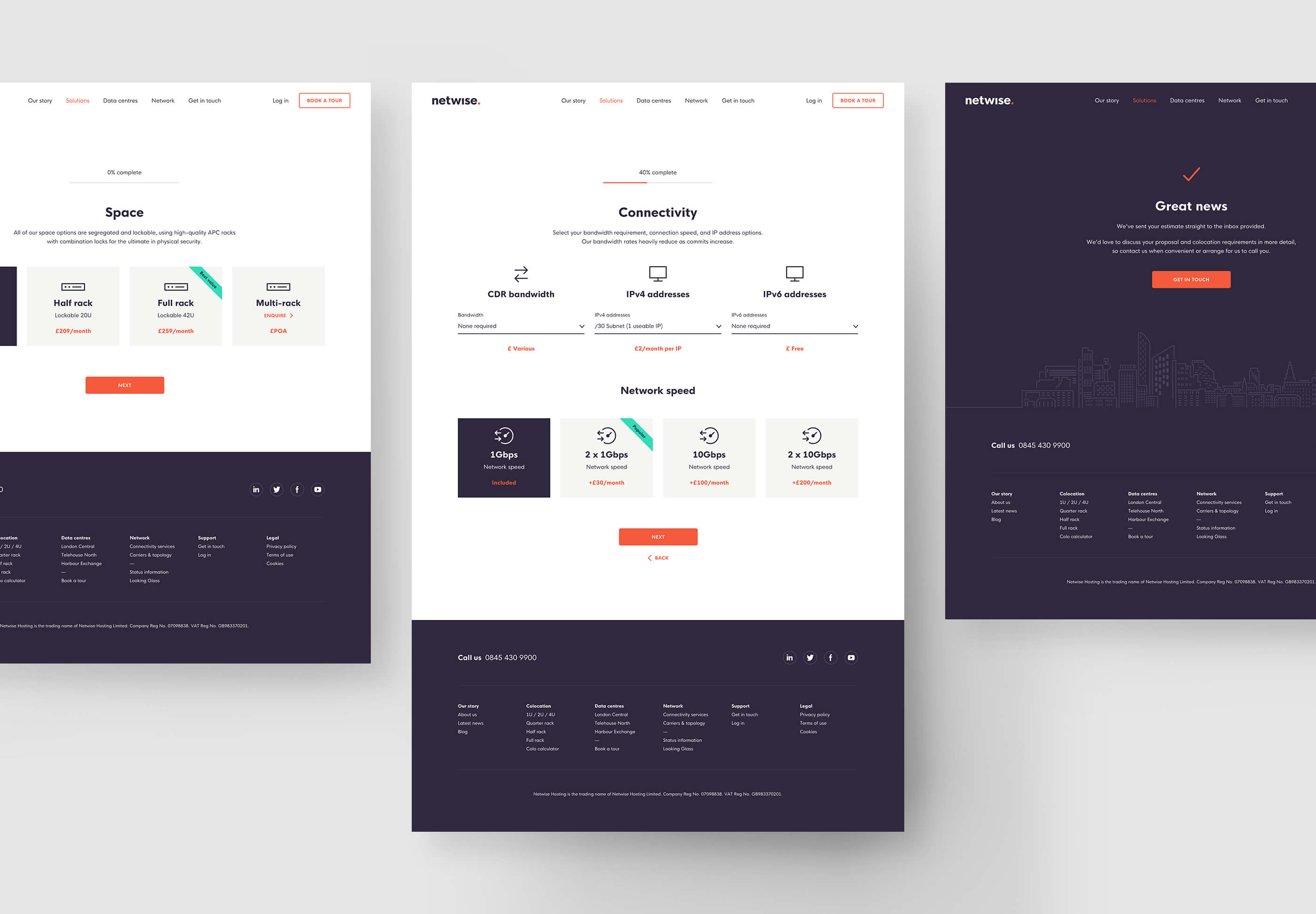 Three webpage designs from the colocation calculator section of the site, a visual form that users can complete in order to receive a tailored quote for services