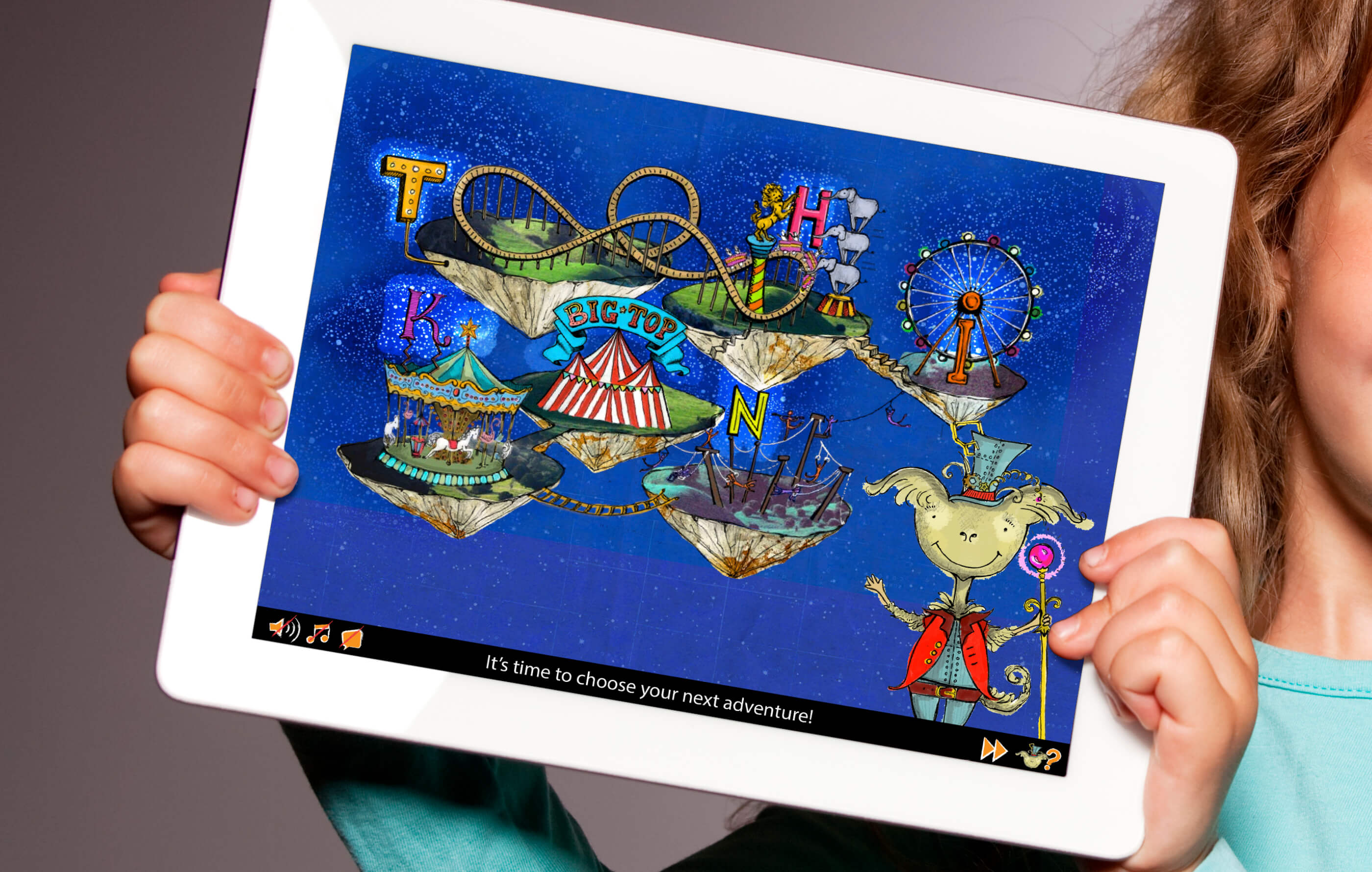 Chld holding a white iPad, with Zippep's Astro Circus homepage on screen