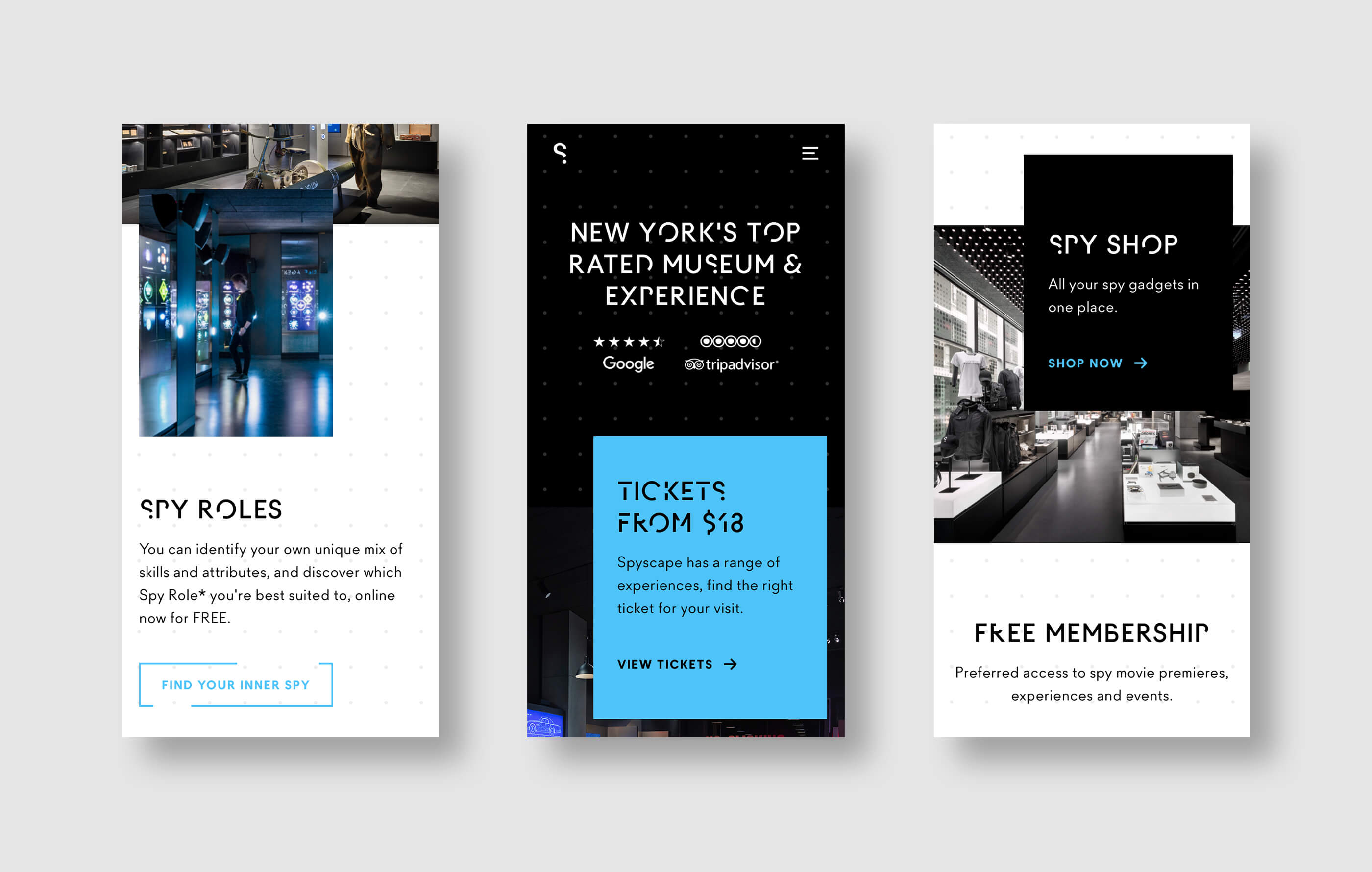 Three mobile phone mockups, featuring an introduction to the Spy Roles exhibition, ticket promo section and overview of the Spyscape Spy Shop