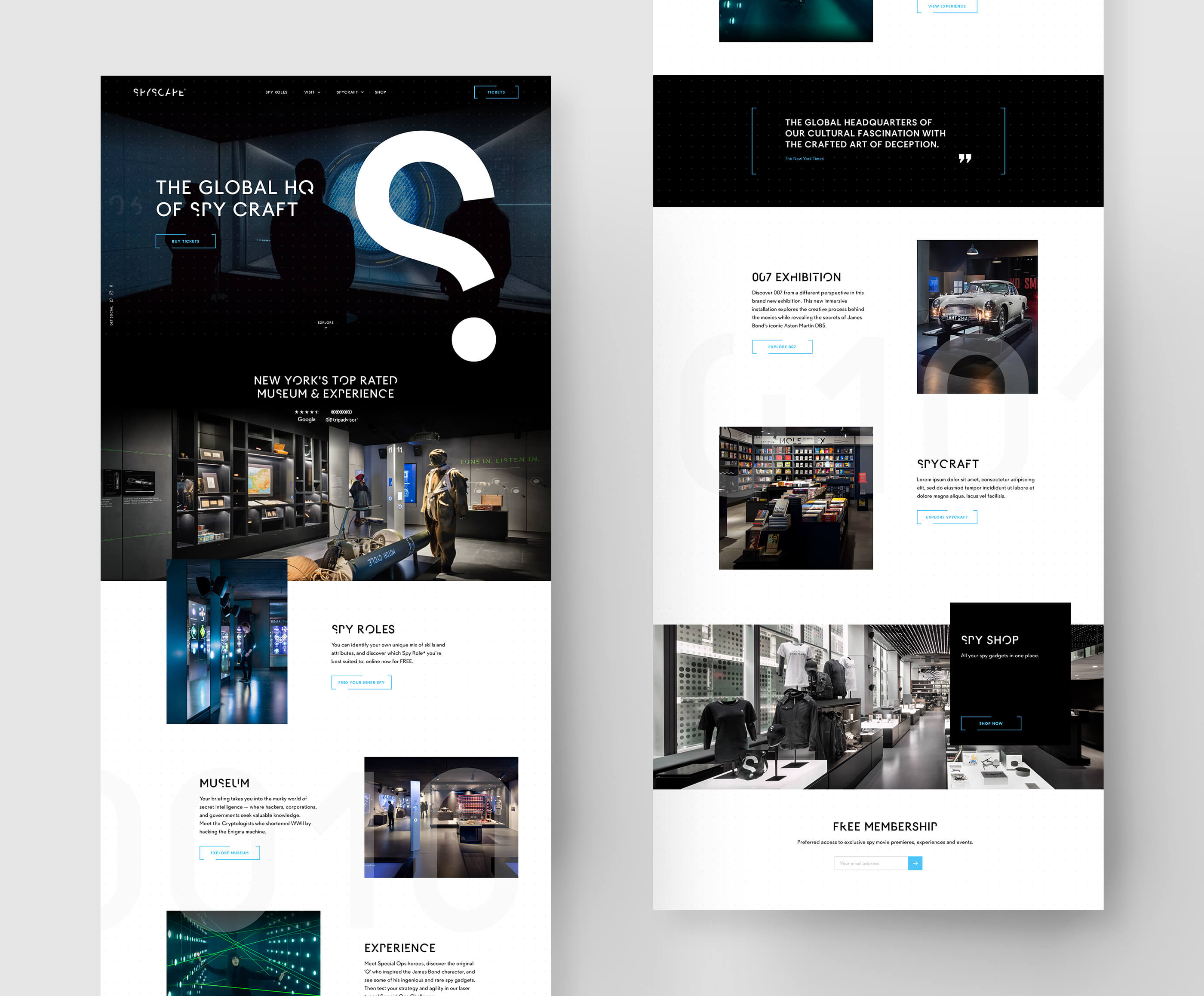 Full designs of the Spyscape homepage, including 'Global HQ' hero, client quote and introduction to the various exhibitions and experiences