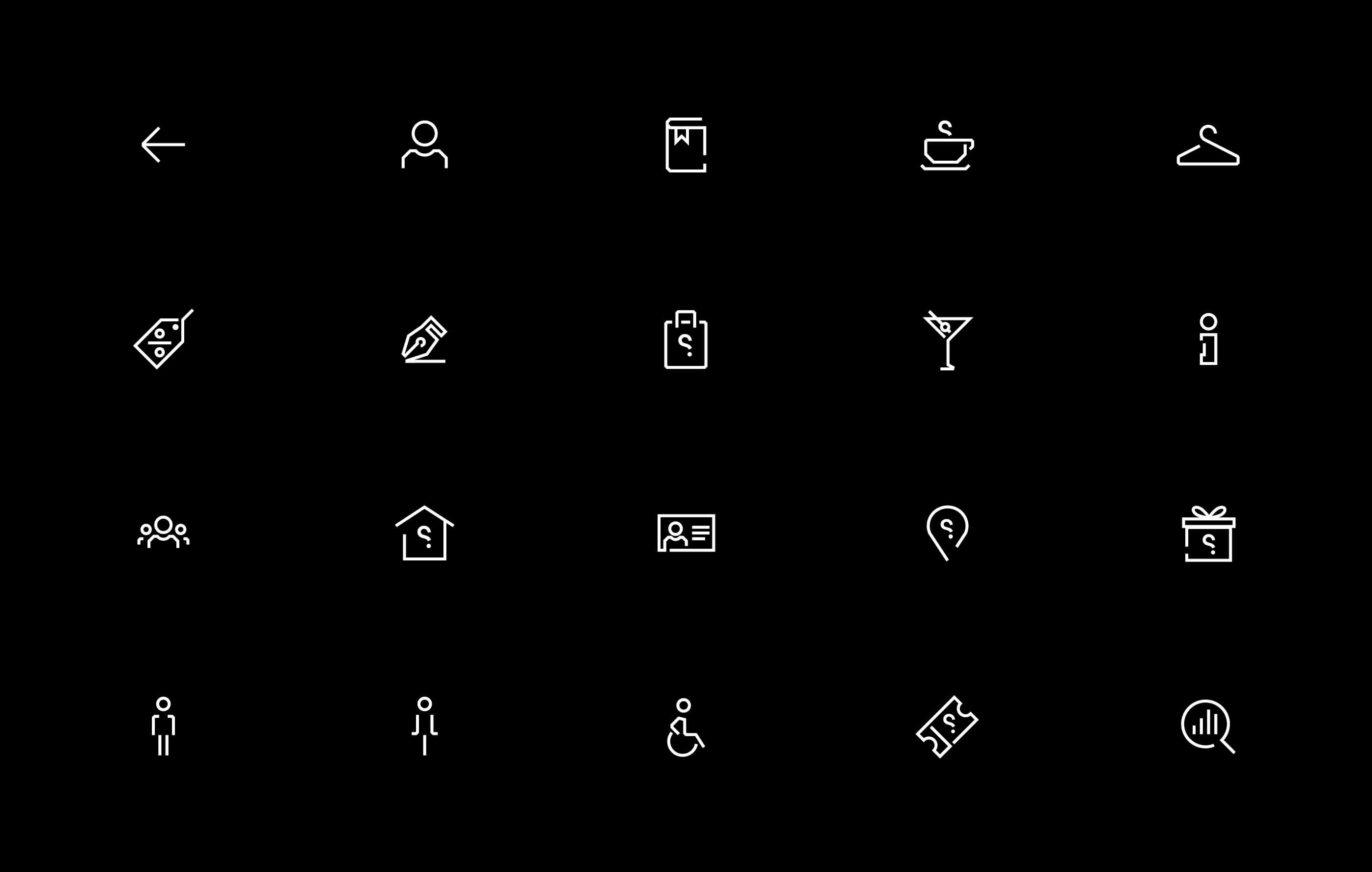 Suite of new Spyscape iconography, in white, laid out in a 5 x 4 grid on a black background