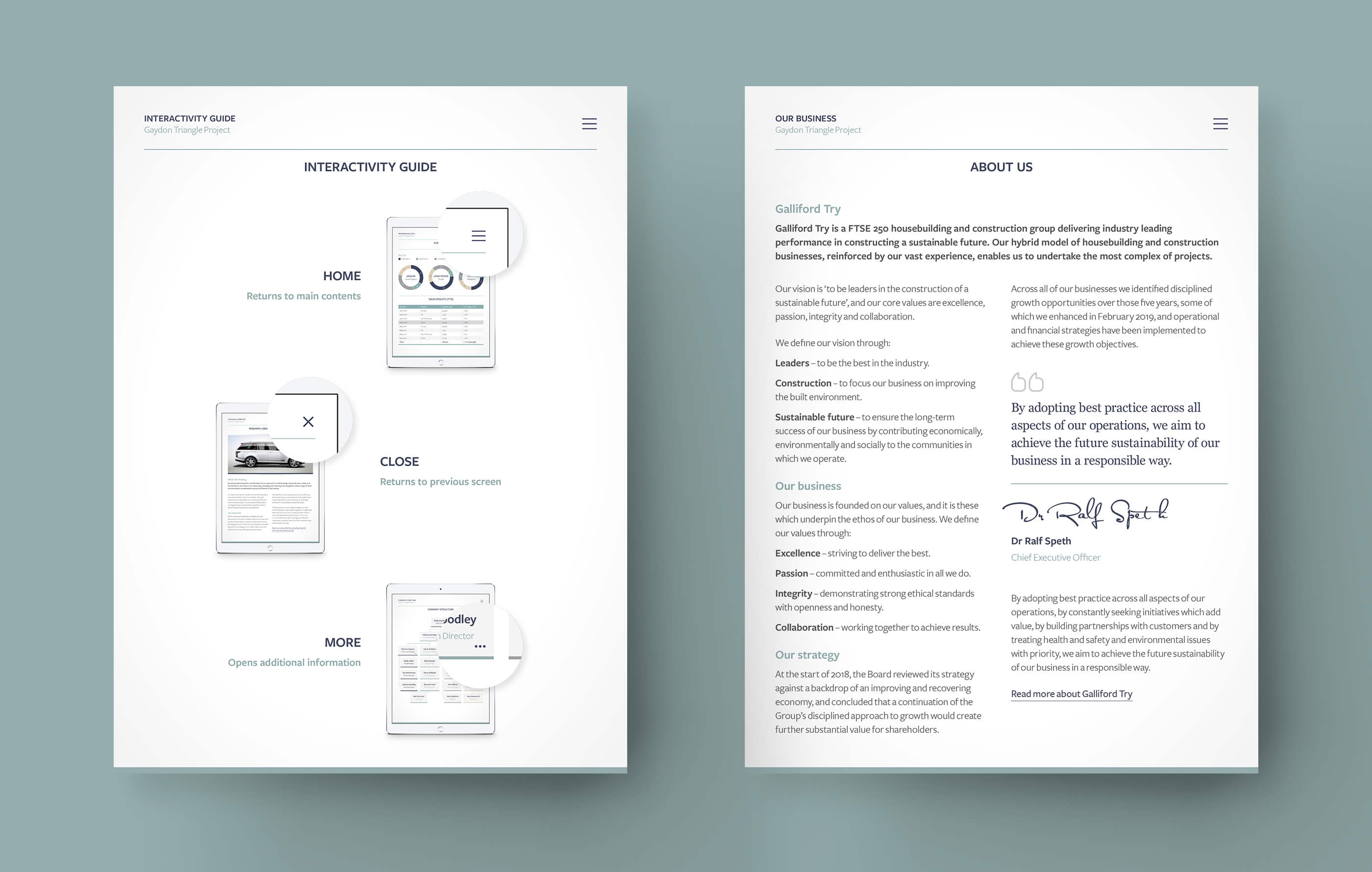 Two app screenshots on a teal background, showing an interactivity guide and introduction to Galliford Try