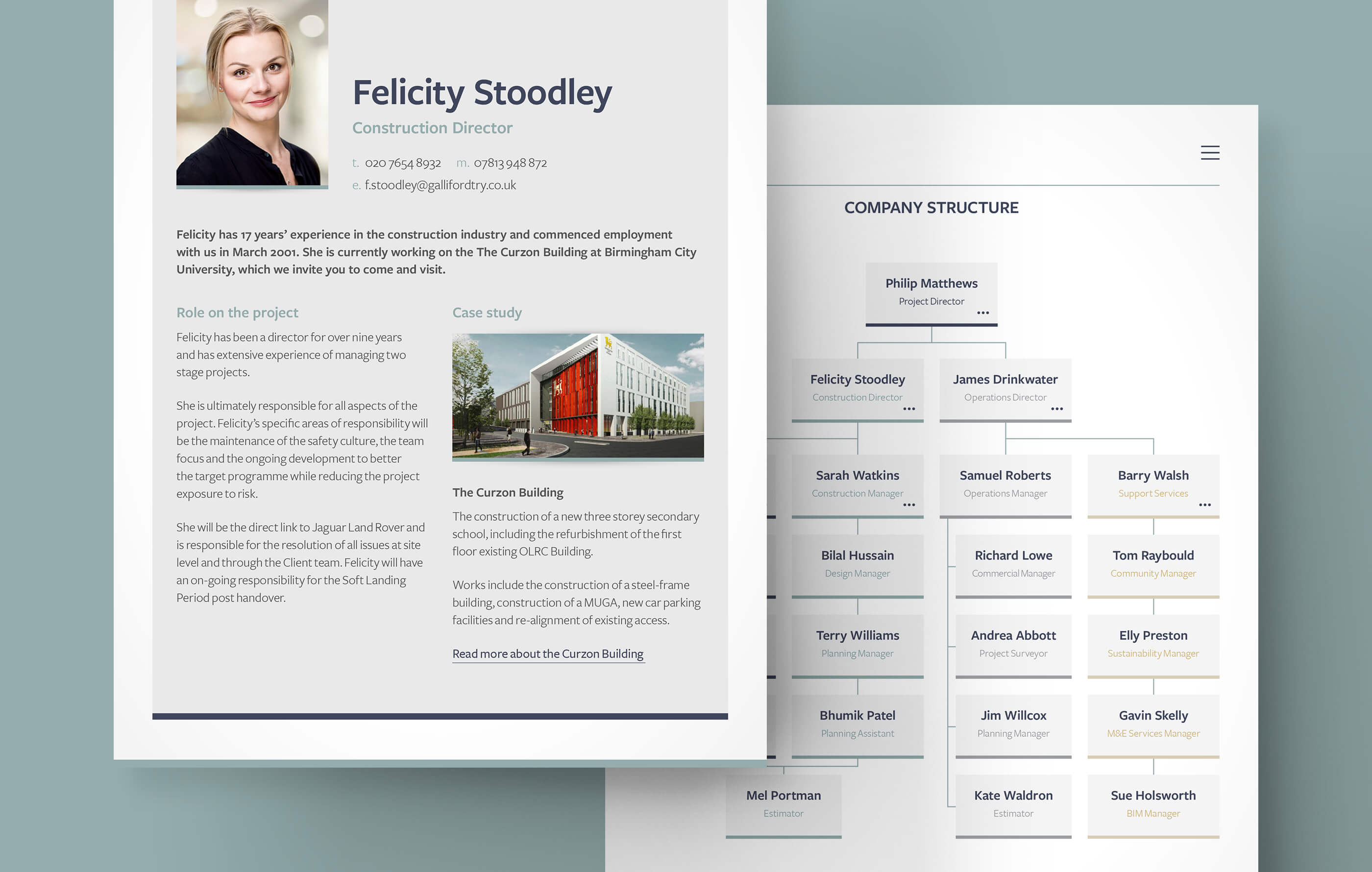 User interface design of an employee bio and profile pic, overlapping Galliford Try's organisation chart