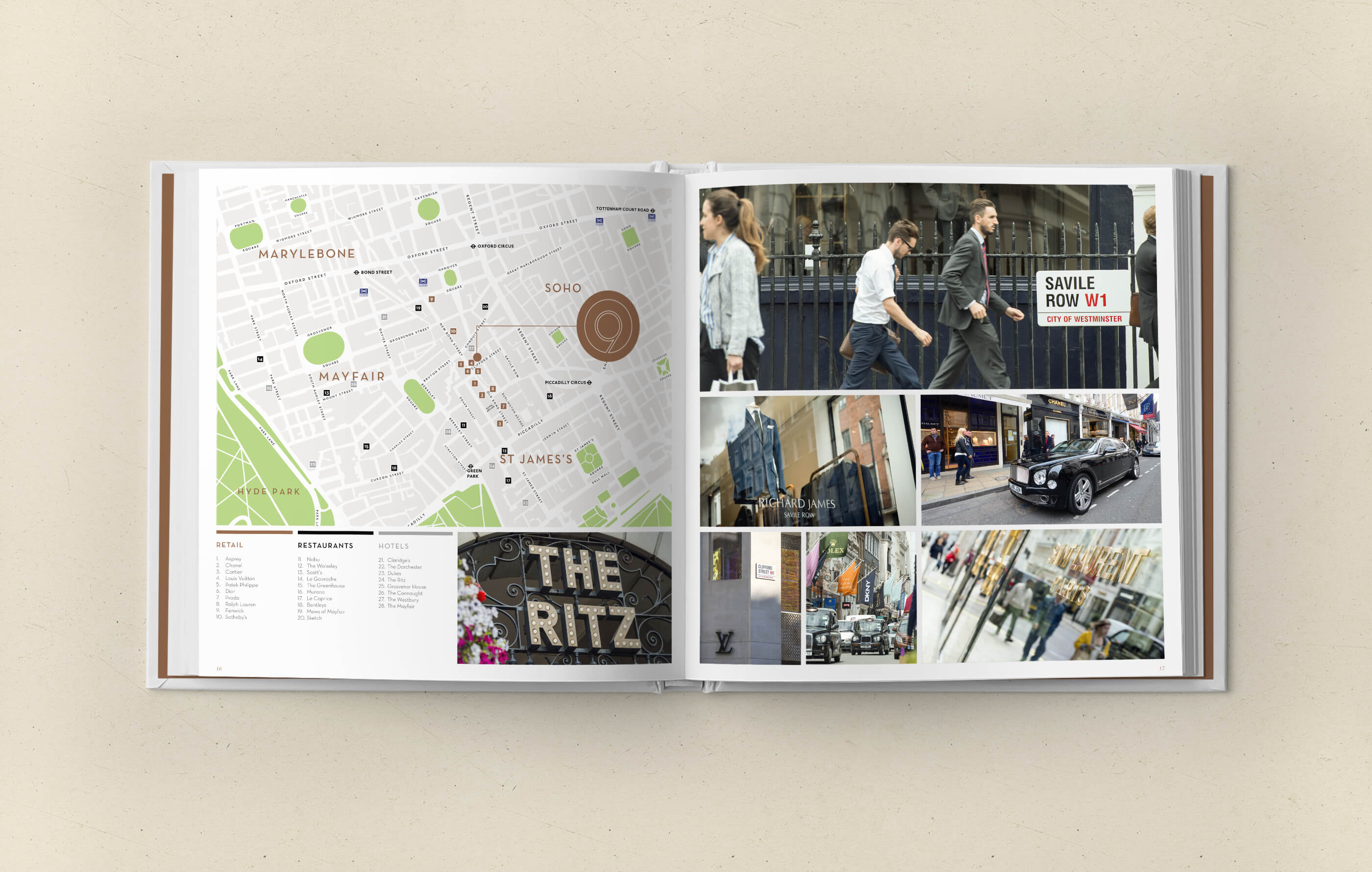 An aerial view map of London indicating the areas of Marylebone, Mayfair and Soho, and lifestyle shots of the local area