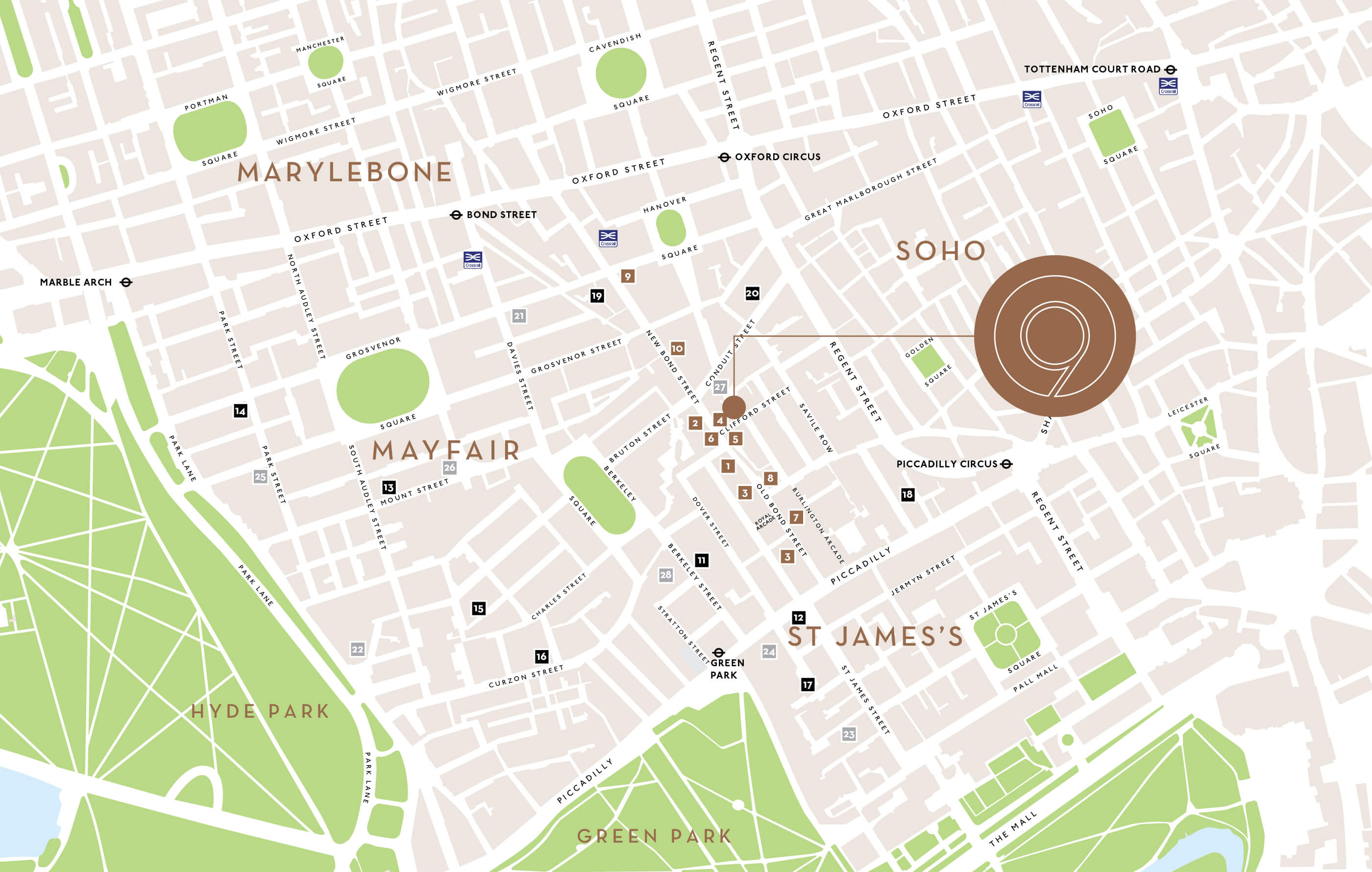 Aerial view illustrative map of London indicating the property position and areas of Marylebone, Mayfair and Soho
