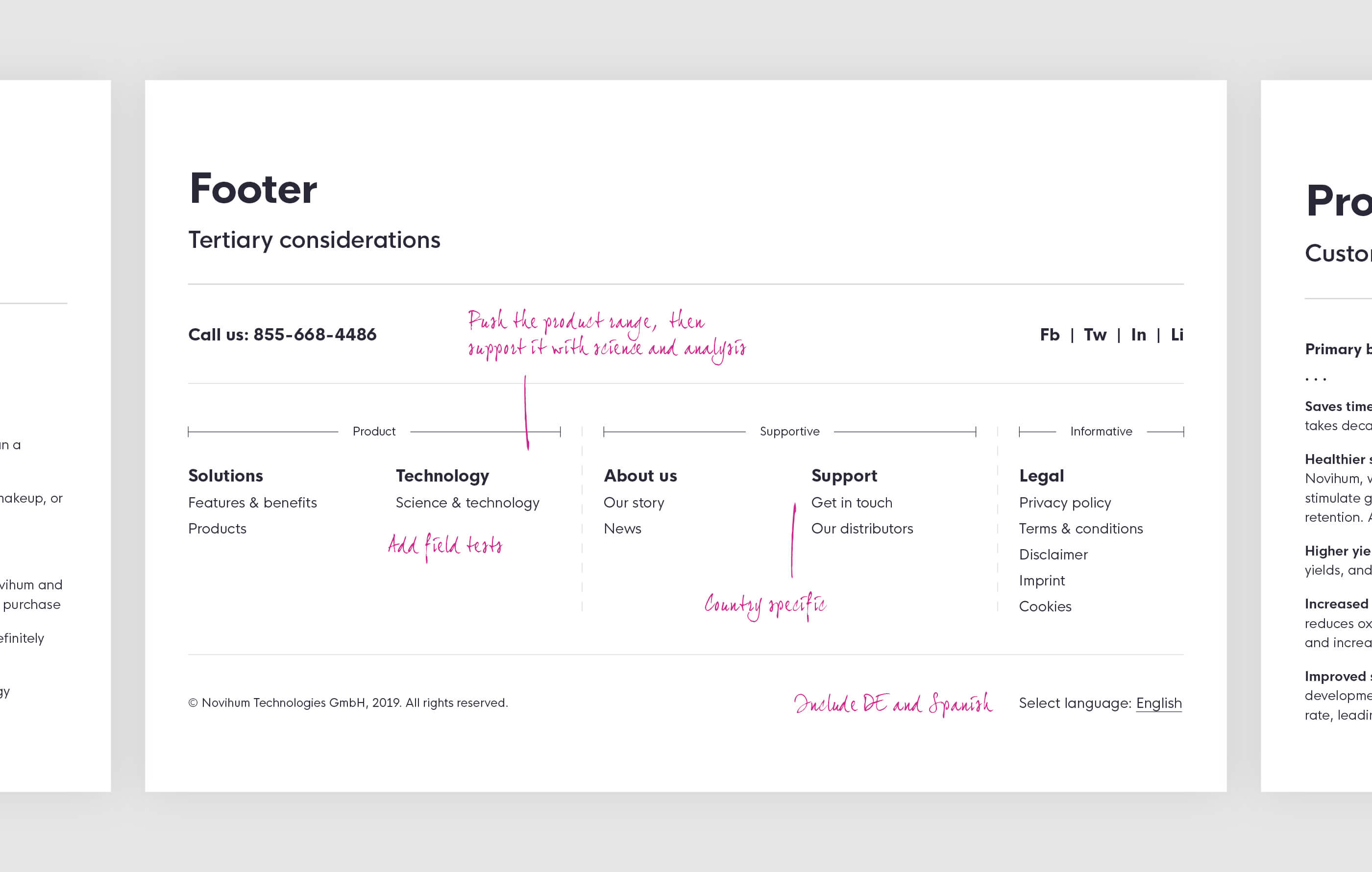 Notes and hand-written annotations, detailing the proposed footer structure of the new Novihum website