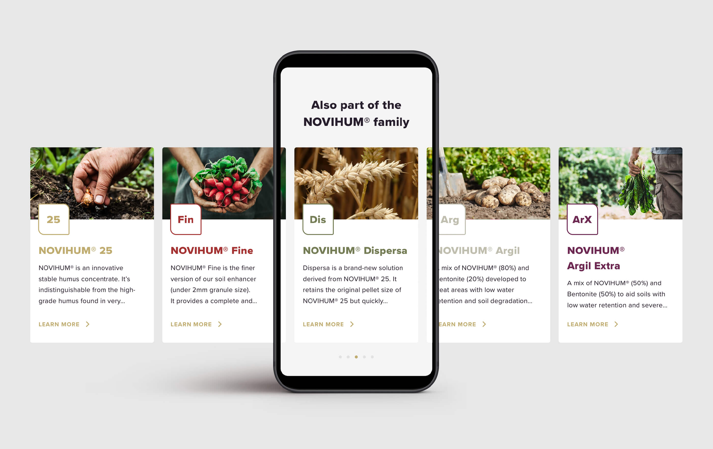 A mobile phone mockup of a horizontally scrollable product family module, featuring the five Novihum products – 25, Fine, Dispersa, Argil and Argil Extra - in a row as a sequence of cards