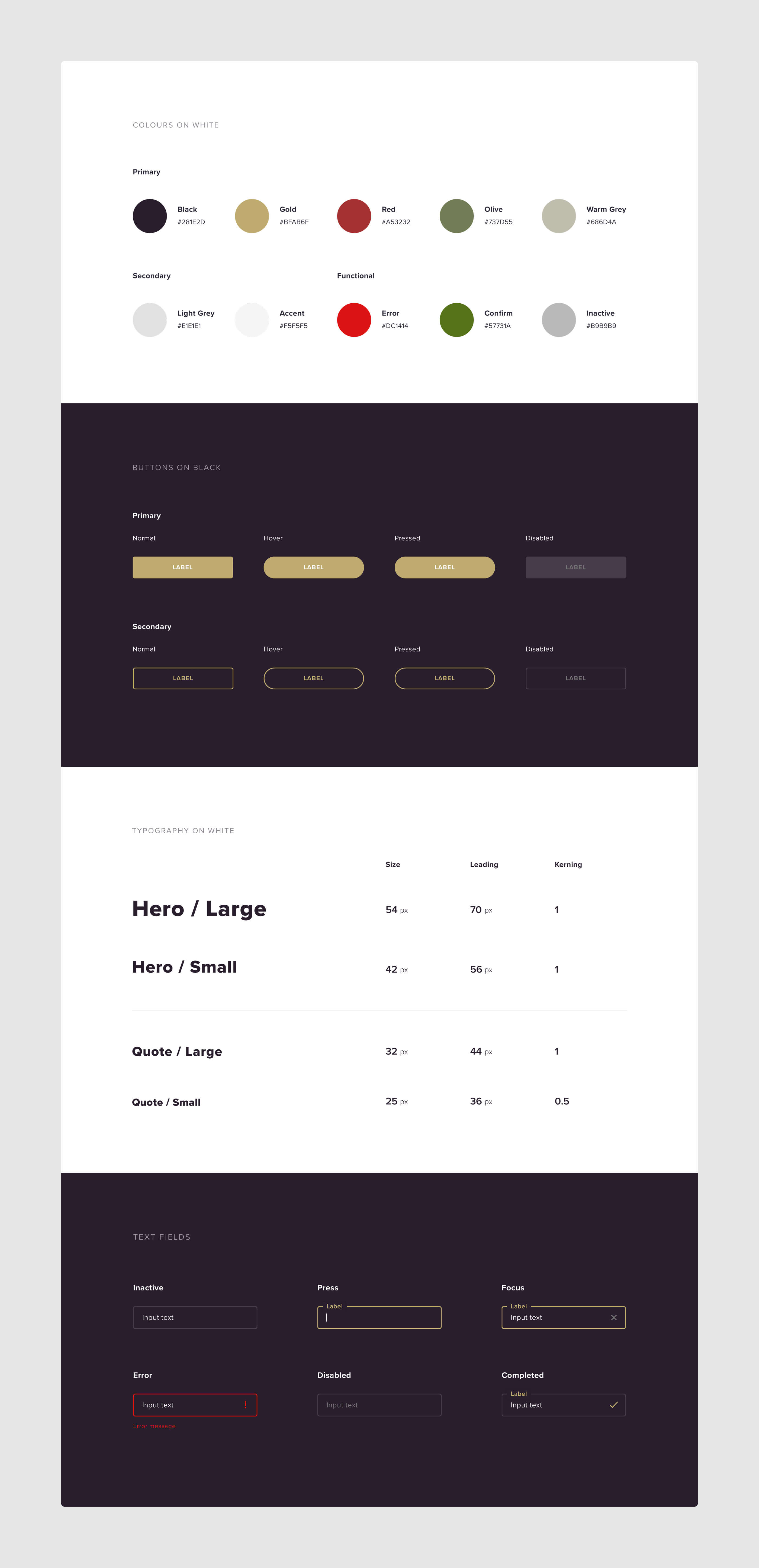 Overview of various website symbols and components used in the design of the site, including colour palette, button states, text styles and forms