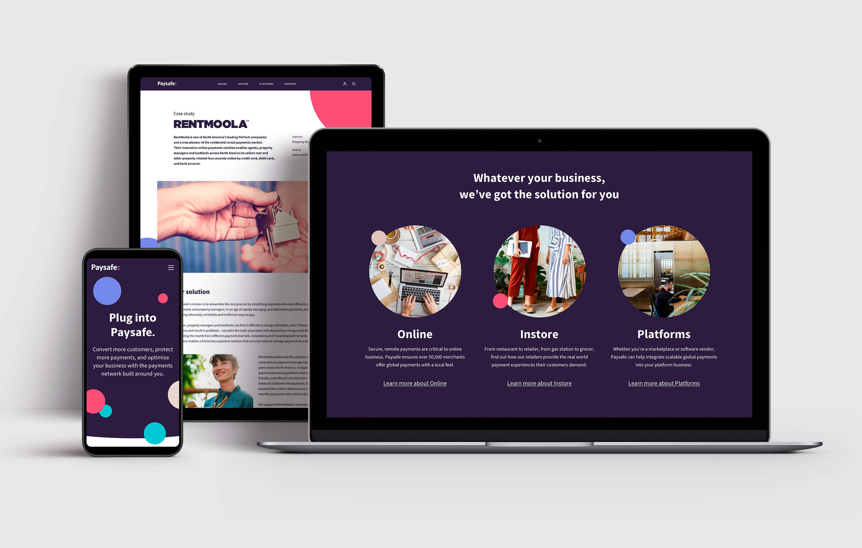 Final render of the responsive Paysafe website, shown on desktop, tablet and mobile phone on a light grey background