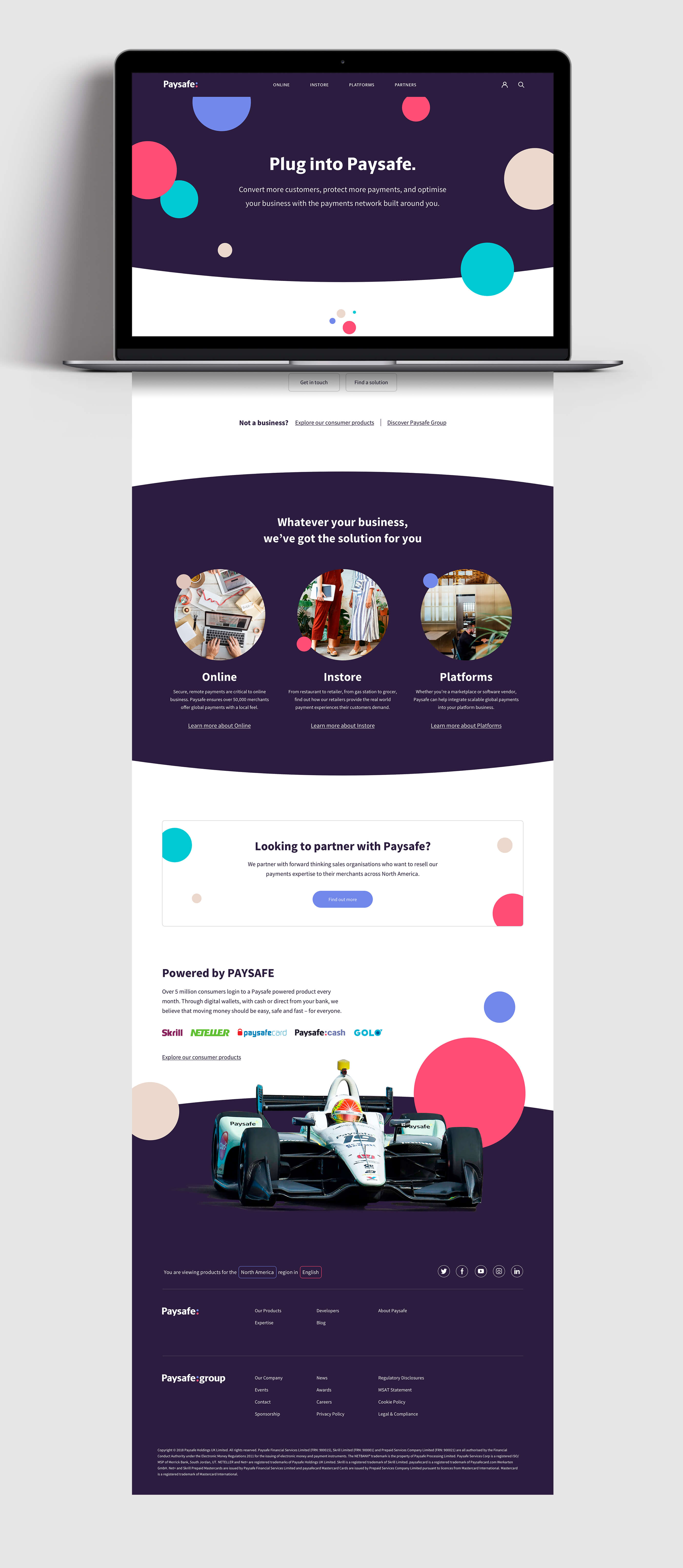 Final render of the Paysafe homepage, showcasing an overview of the three main solutions, 'Partner with Paysafe' banner, sub brand logos and an image of a Paysafe-branded IndyCar car
