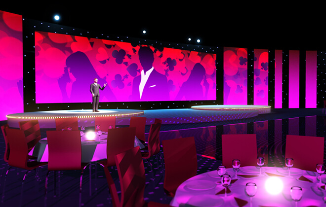 3D render of the themed animated stage backdrop and presenter on stage at the Dixons Retail Peak event