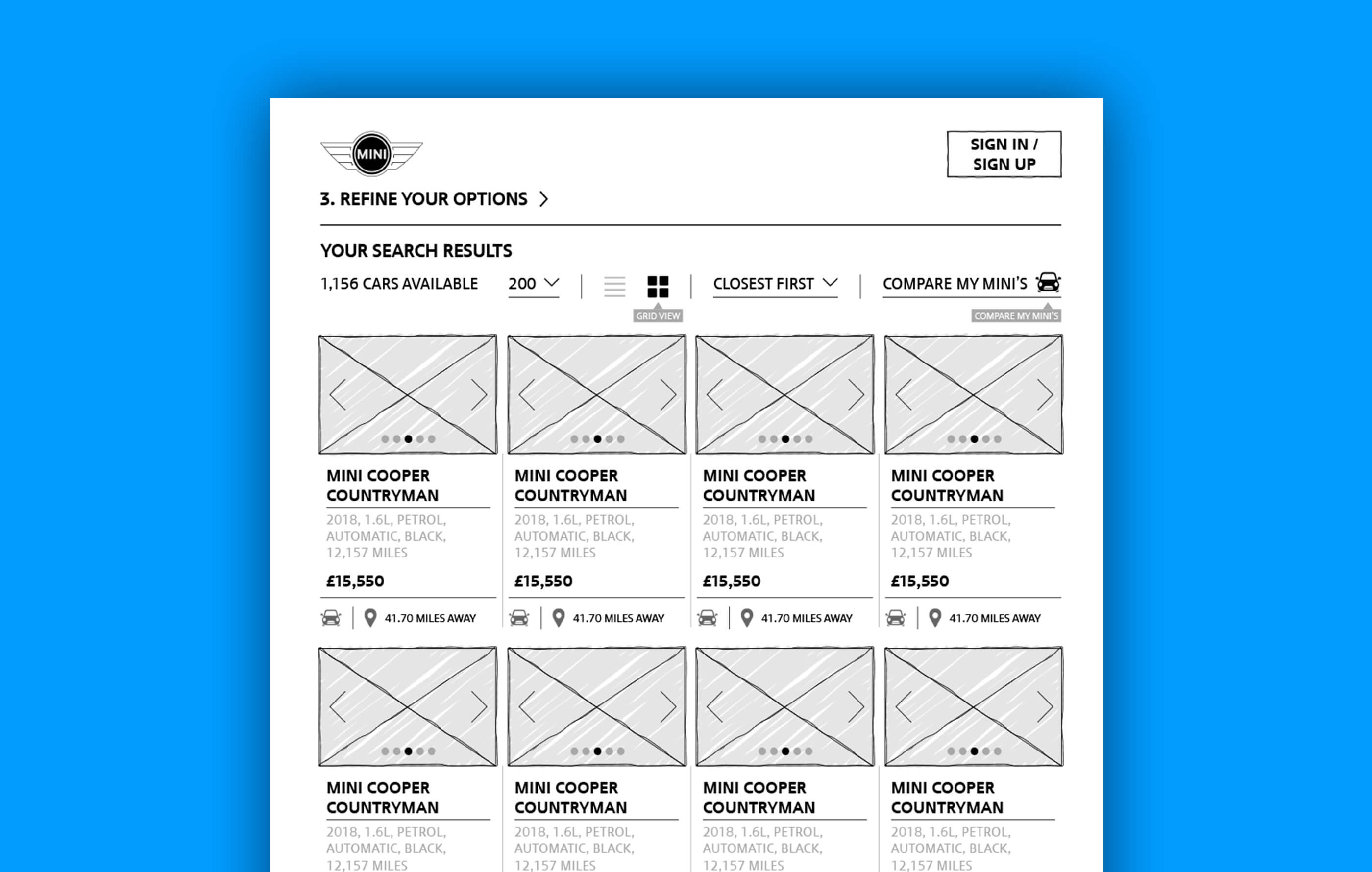 Annotated hand drawn wireframe of the search results page, featuring car advert thumbnails and top level information