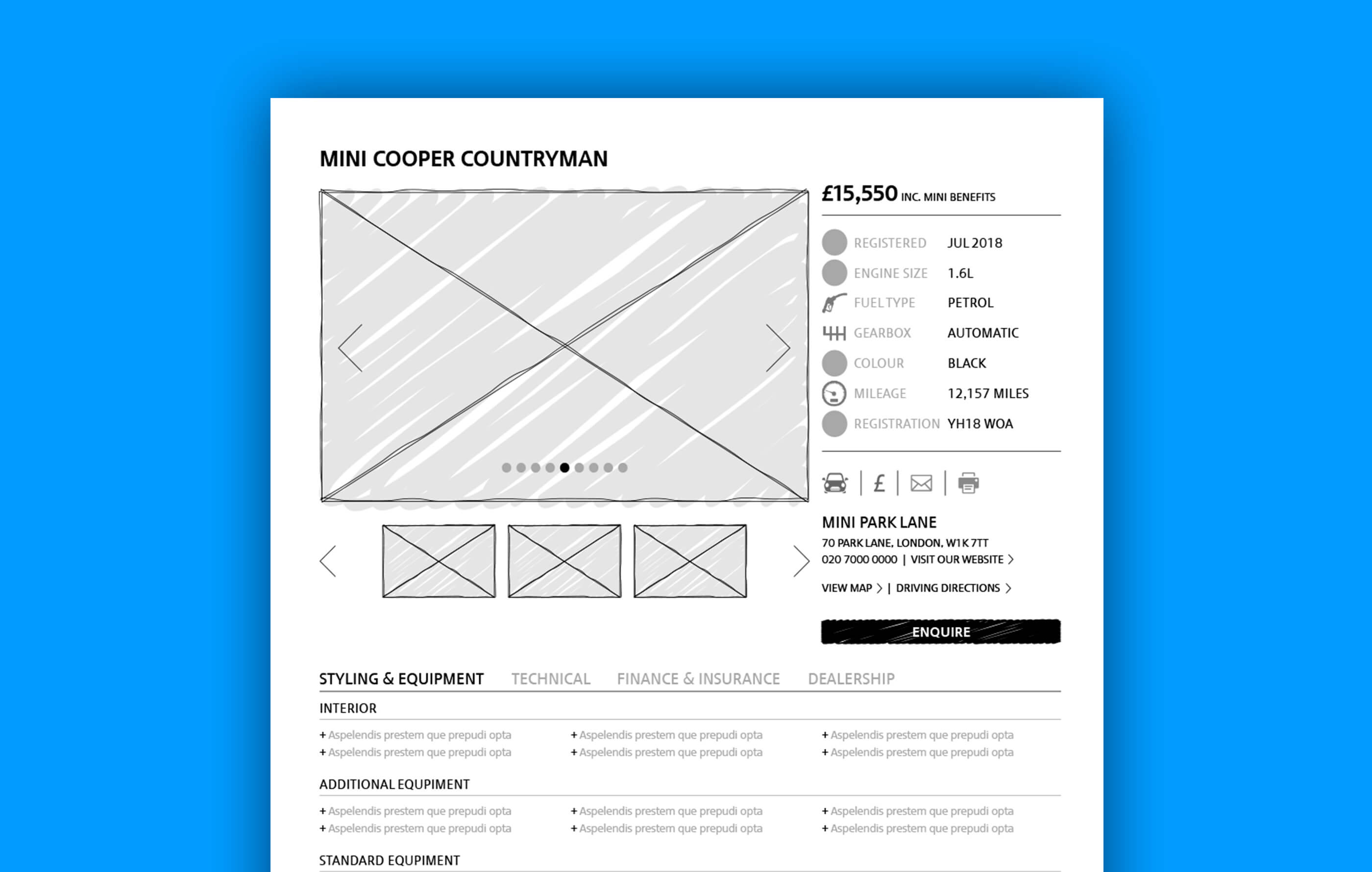 Annotated hand drawn wireframe of a vehicle landing page, featuring an image carousel and detailed information about the Mini