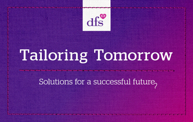 Main 'Tailoring Tomorrow' logo and accompanying tagline in white text, stitched into a purple and pink fabric background