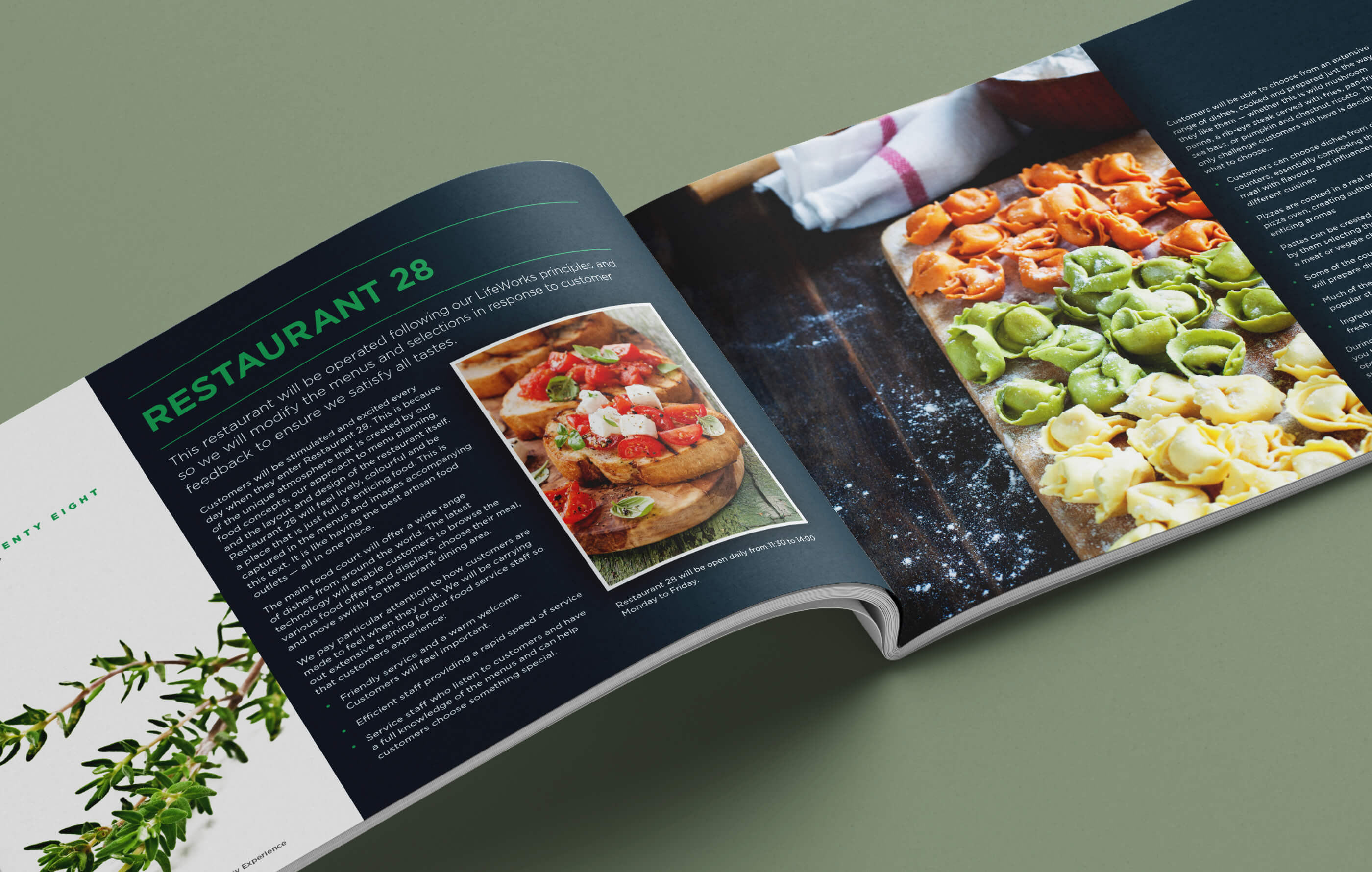 Introduction to 'Restaurant 28', featuring green headings and white body copy on a dark blue background