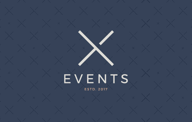 X Events primary logo, in grey and pink, on a dark blue pattern background