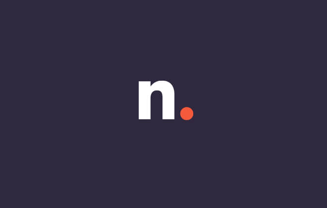 Rebranded logomark lowercase letter N, in white, with an orange full stop on a dark purple background